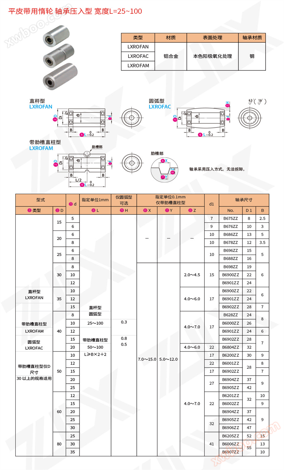 21平皮带用惰轮轴承压入型宽度L=25~100